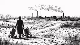 an illustration of a woman walking with a child in a wagon