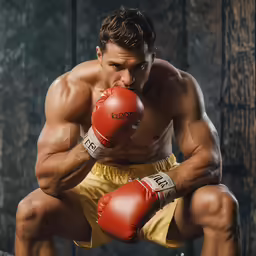 a man squats down while wearing red boxing gloves