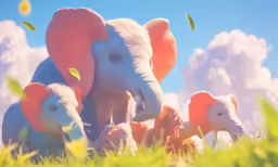 two adult elephants and one baby elephant sitting in the grass