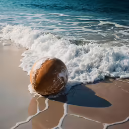 a round object is washed ashore on the beach