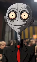 a man with huge red eyes dressed in a suit and red tie
