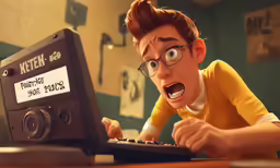 an animated character using a keyboard with a surprised look