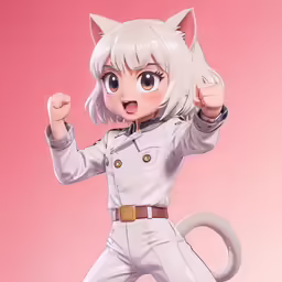 the girl is dressed in all white, posing in front of a pink background