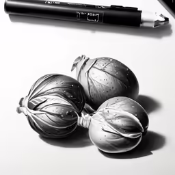 two ornaments and an ink pen on white paper