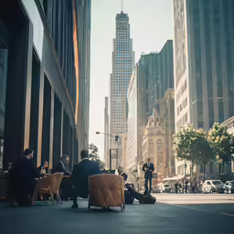 business people sitting outside in the city with skyscrapers