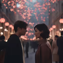 two people standing near each other looking at each other