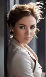 a beautiful woman with blue eyes and a suit posing in the sunlight