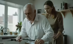 an older man and woman in the kitchen preparing food