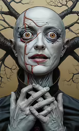 a painting of a creepy vampire with large eyes