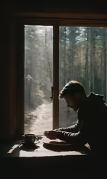 a man sitting at a table in front of a window