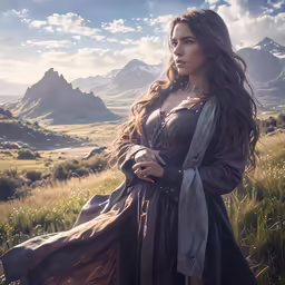 a woman standing in a field wearing a long dress