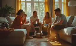 group of people sitting on the sofa talking