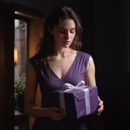 a woman is holding a gift box in her hand
