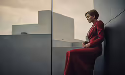 a woman sitting next to a building and leaning against a wall