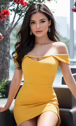 a woman in a yellow dress is sitting down