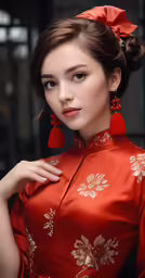 a woman in a red dress posing for the camera