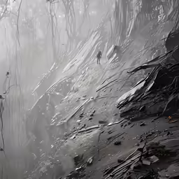 a person walks through a thick foggy forest