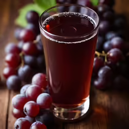 some grapes and something in a glass on a table