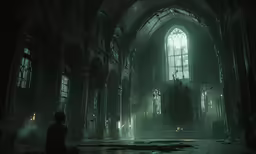 the image is dark and a shadowy cathedral with many windows