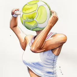 a painting of a tennis player with a green ball,a woman is holding a tennis ball on her head,a drawing of a tennis player holding up a ball,a watercolor painting of a girl holding a ball,a tennis player is holding up a green ball