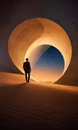 a man walks towards the camera as he stands inside a large circular structure