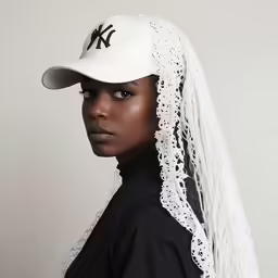 a woman with a baseball cap and long veil on her head