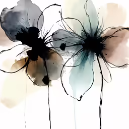 three watercolor flowers that have been drawn with brush