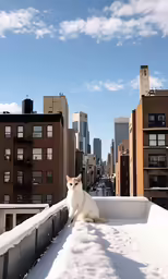 a white cat sitting in the snow on top of a roof