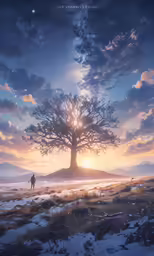 a lone figure in a field looking out at a tree