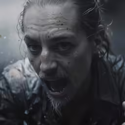 a man with messy hair and piercings on his ears is pointing up