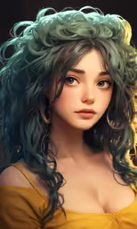 there is a woman with long hair that is green