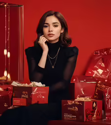 a woman sits on a red background surrounded by small christmas gifts