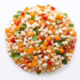 a white plate filled with diced and cubed vegetables