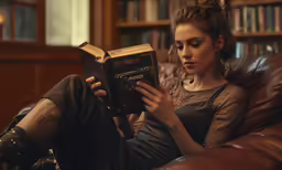 a girl sitting on a couch reading the bible