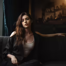 a woman wearing a long black robe sitting on a couch