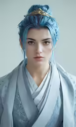 a young woman with blue hair wearing a dress and a hat
