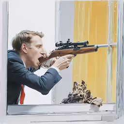a man aiming a rifle at the viewer from a window