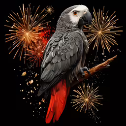 a colorful bird with its beak and wings opened, standing on a branch with fireworks in the background