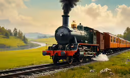 a black train with a yellow engine is traveling through the green hills,the painting is of a train blowing black smoke