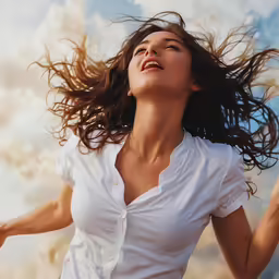 the woman is smiling while playing frizbee against her hair