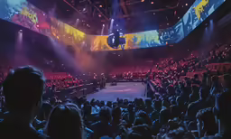 an arena full of spectators and a light show in the background