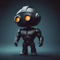 a robot with orange glowing eyes is in this dark picture