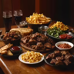 a dinner table with plates of different food including burgers, french fries and salad