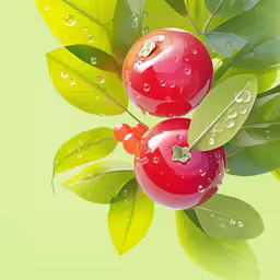 two shiny red apples on a branch with leaves and water drops,two red apples with leaves and water droplets