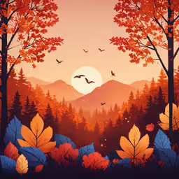 the painting shows trees, mountains and birds flying,a sunset with leaves, birds and mountains