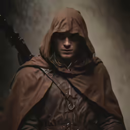 a man wearing a hooded brown outfit with an umbrella and knife