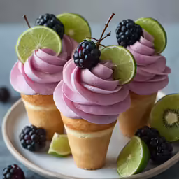 a bunch of cupcakes with fruits on top