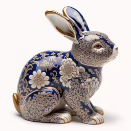 a decorative blue rabbit shaped with white flowers,a blue and white rabbit sculpture on white