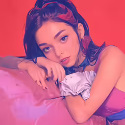 a young asian woman is wearing a pink top and has her hand on her cheek, resting her arm on her chest
