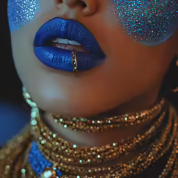 woman with blue glitter makeup and gold necklace